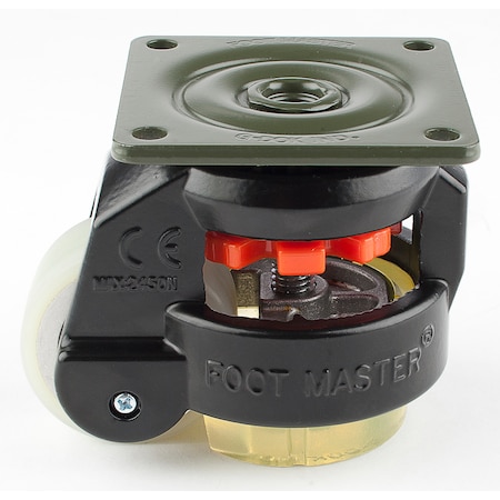 Foot Master Leveling Caster, 50 mm Polyurethane Wheel, M12x1.75P Stem, Swivel, 280 kg Cap, PU Foot Pad, Black GD-60-S-HUP-CUR-FBL